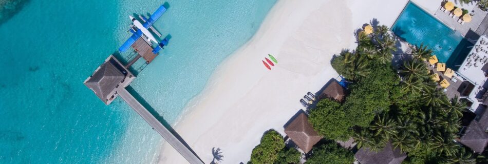 Aerial view of a tropical island resort.