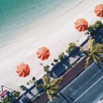 Beach umbrellas and palm trees on the shore.