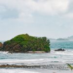 Tropical island with palm trees and waves.