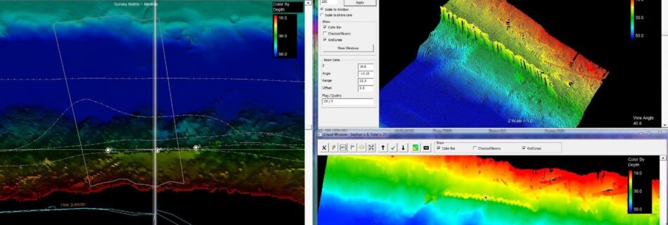 Sonar image of seabed depth in rainbow colors.